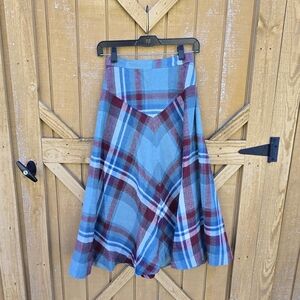 Glenora Plaid A-Line Skirt in Blue and Burgundy Small